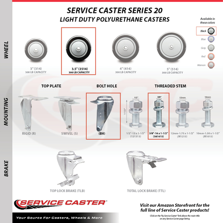 Service Caster 3.5 Inch SS Black Polyurethane Swivel 3/8 Inch Threaded Stem Caster Brakes, 2PK SSTS20S3514-PPUB-BLK-TLB-381615-2-S2